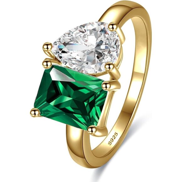 Jewelry - Women's Toi Et Moi 2.75ct Emerald & Pear-Cut Cubic Zirconia Silver Engagement Ri